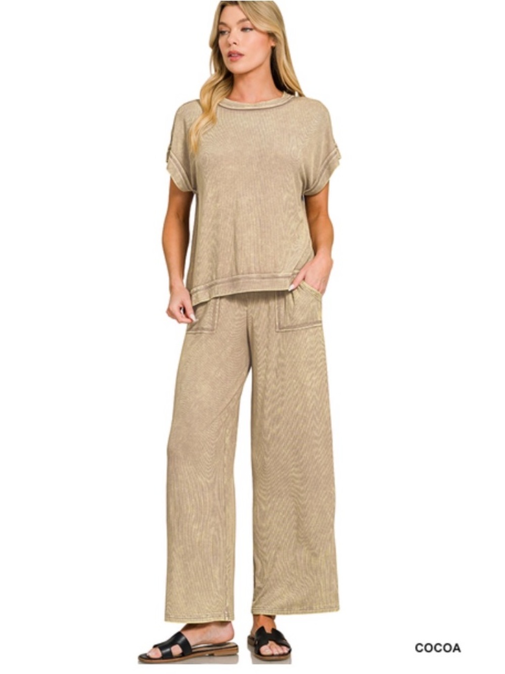 397 ❤️ ZENANA cocoa RIBBED ACID WASH RAYON
TOP & PANTS SET